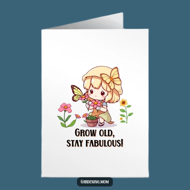 Free Printable Birthday Card: Funny Kawaii Gardener & Butterfly for a Blooming Good Day!