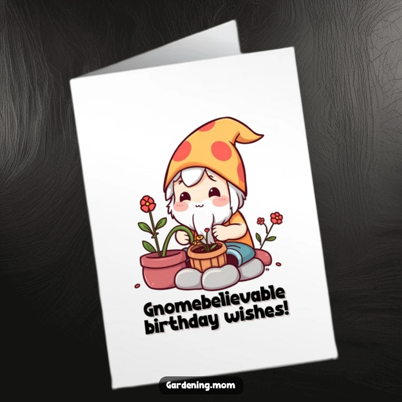 Funny Free Printable Birthday Card: Meticulous Kawaii gardener carefully crafts a tiny garden gnome, embodying creativity and birthday enchantment.
