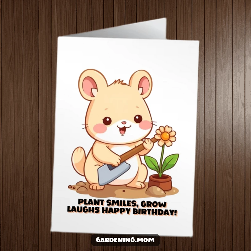 Funny Free Printable Birthday Card: Kawaii animal gardener happily planting a flower with a trowel, spreading joy.