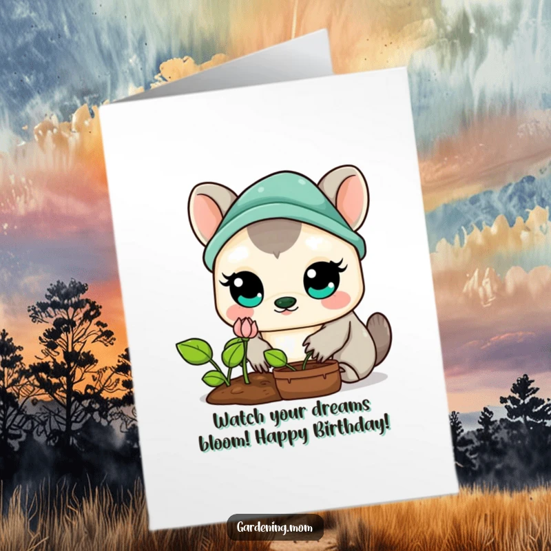 Funny Free Printable Birthday Card: Wide-eyed Kawaii gardener adoringly watching a blooming sprout, pure delight.