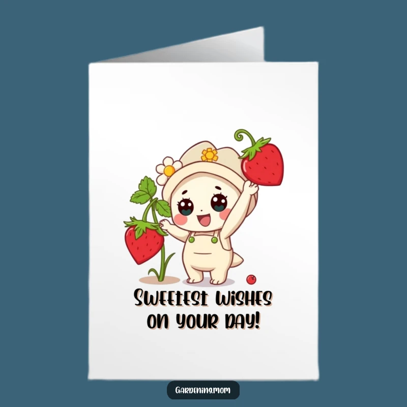 Free Printable Birthday Card: Funny Kawaii Gardener & Strawberry for a Sweet Celebration!