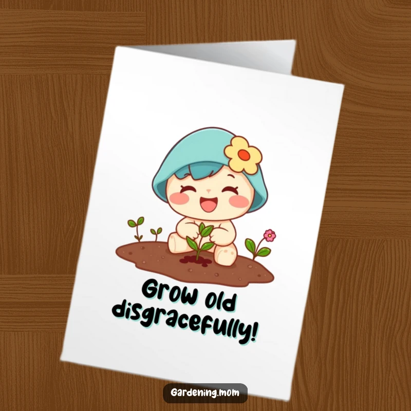 Funny Free Printable Birthday Card: A smiling kawaii gardener happily plants a tiny seed in the soil, nurturing new growth.