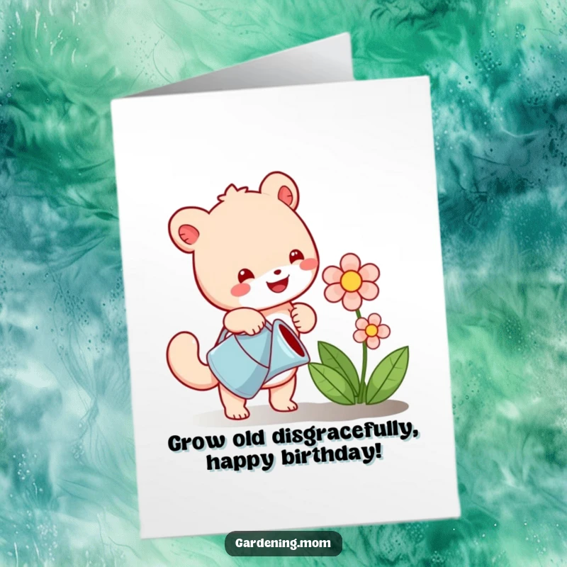 Funny Free Printable Birthday Card: Happy animal character watering a vibrant blooming flower, spreading cheer.