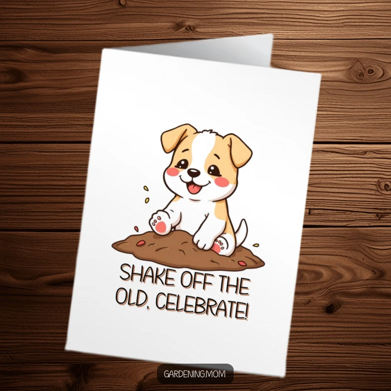 Funny Free Printable Birthday Card: A dog happily wags its tail while shaking soil from its paws.