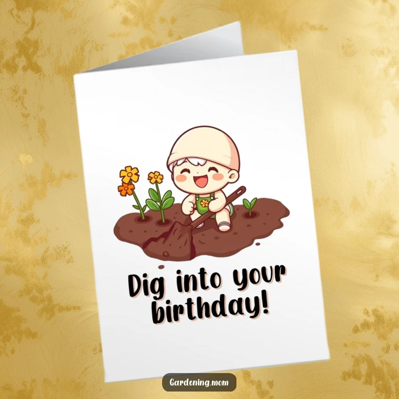 Funny Free Printable Birthday Card: A joyful gardener enthusiastically digs into rich, dark soil.
