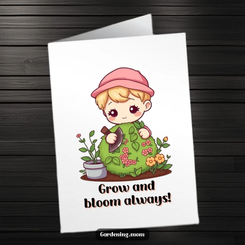 Free Printable Birthday Card: Kawaii gardener gently pruning a bush with focused care, wishing a beautiful and fruitful birthday.