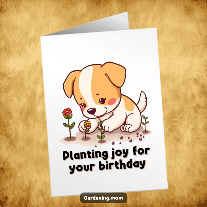 Funny free printable birthday card showing a dog carefully planting seeds with focused paws, symbolizing growth and care.