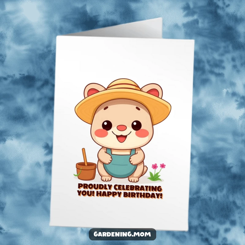 Funny Free Printable Birthday Card: Kawaii animal in a straw hat, grinning with pride, celebrating achievements.