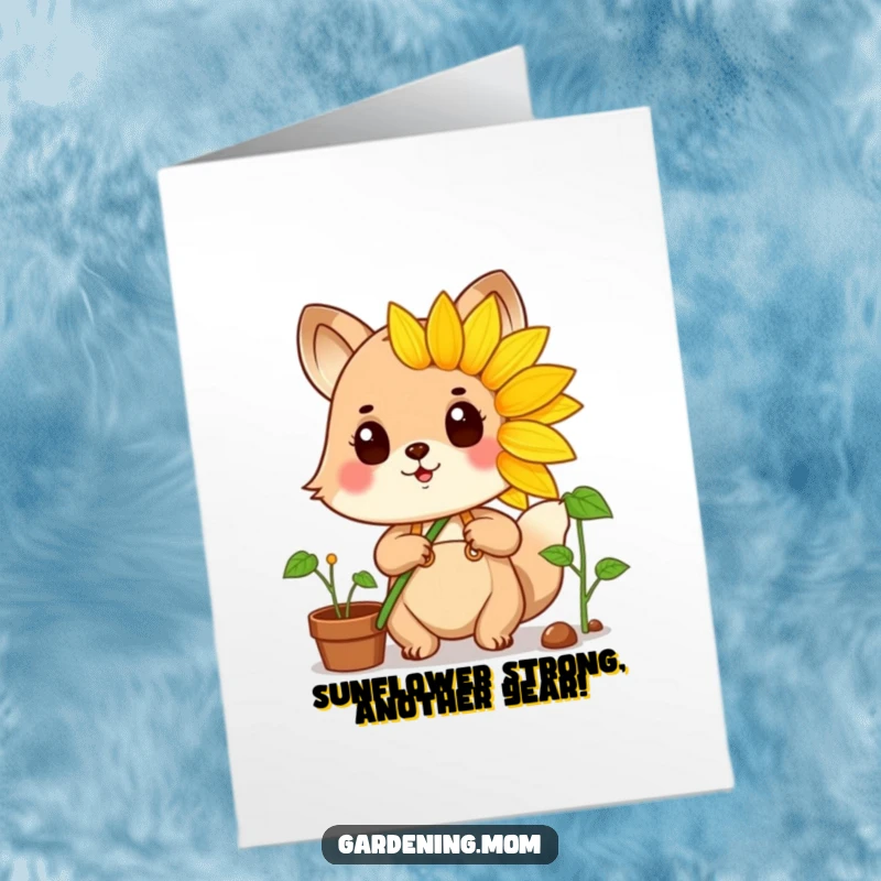 Funny Free Printable Birthday Card: A happy animal gardener stands proudly, displaying a large, vibrant sunflower, radiating warmth and success.