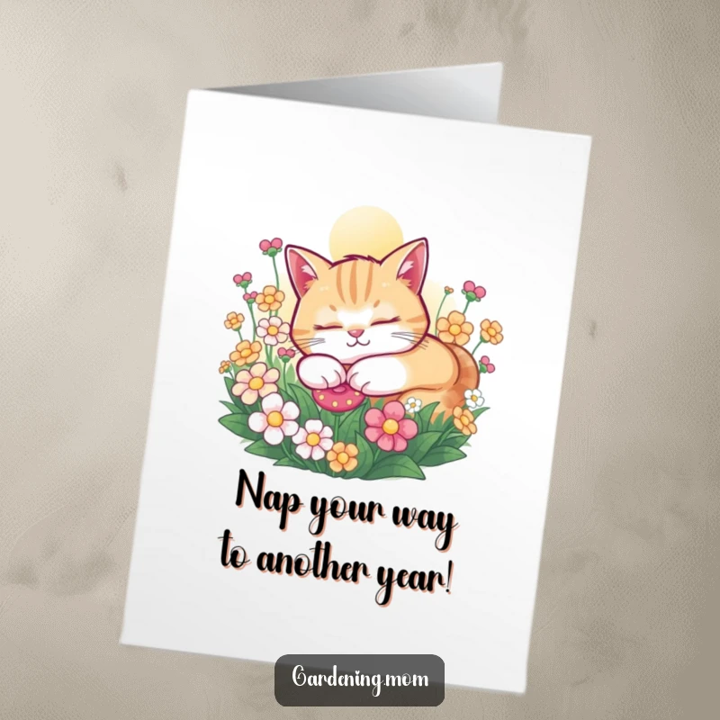 Funny Free Printable Birthday Card: Contented cat blissfully snoozing in a vibrant flower bed, dreaming of birthday treats.