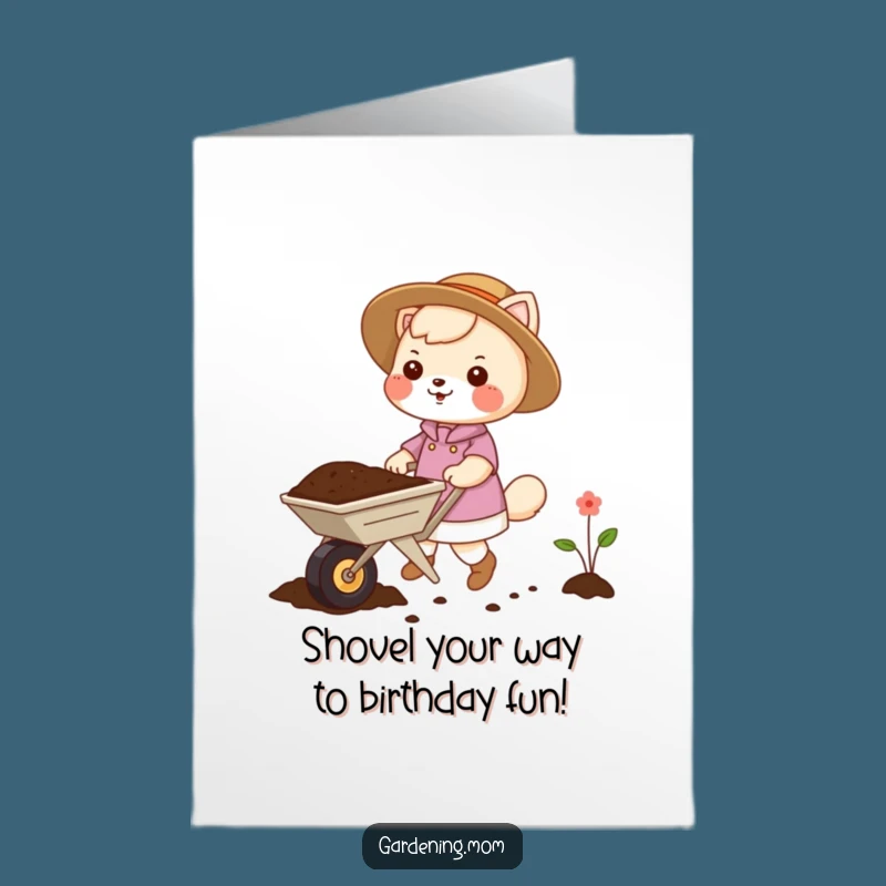 Free Printable Funny Birthday Card: Gardening Mom Animal with Wheelbarrow, Humorous Downloadable Gift