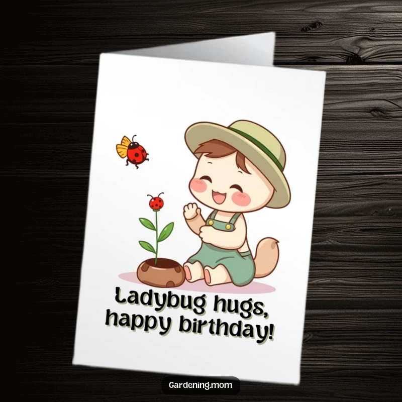 Funny Free Printable Birthday Card: Giggling gardening mom animal petting a ladybug, happy and sweet, perfect DIY gift.