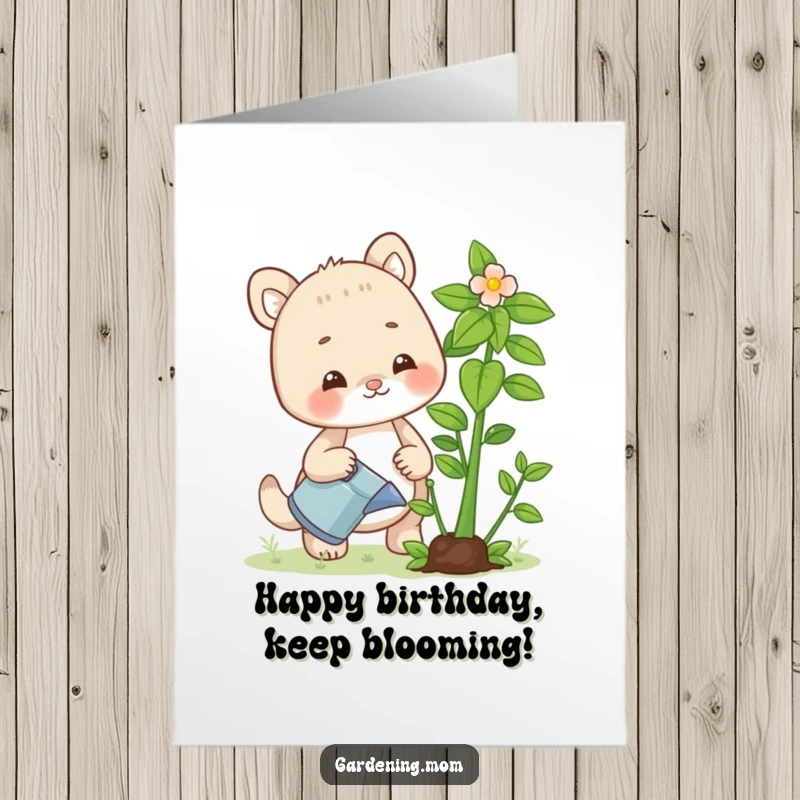 Funny free printable birthday card: Mom animal character watering a large, vibrant, growing plant with a watering can.