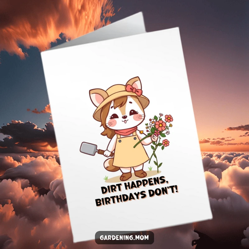 Funny free printable birthday card: Mom animal character holding a trowel and a bunch of colorful flowers.