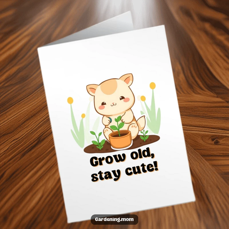 Funny Free Printable Birthday Card featuring a kawaii gardening animal character tenderly watering a tiny green sprout, symbolizing growth and joy.