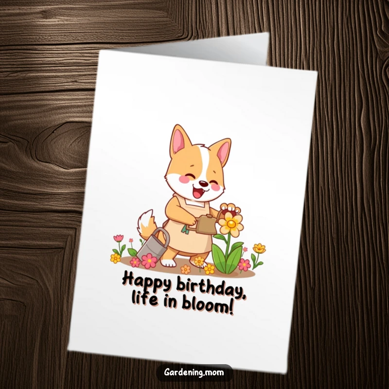 Funny Free Printable mama dog birthday card with an apron enthusiastically watering a vibrant flower.