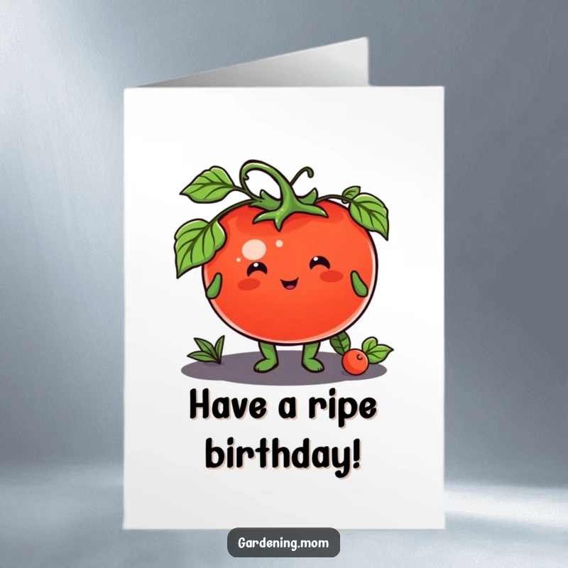 Funny free printable birthday card featuring a smiling animal character proudly offering a large, ripe tomato, celebrating a fruitful year.