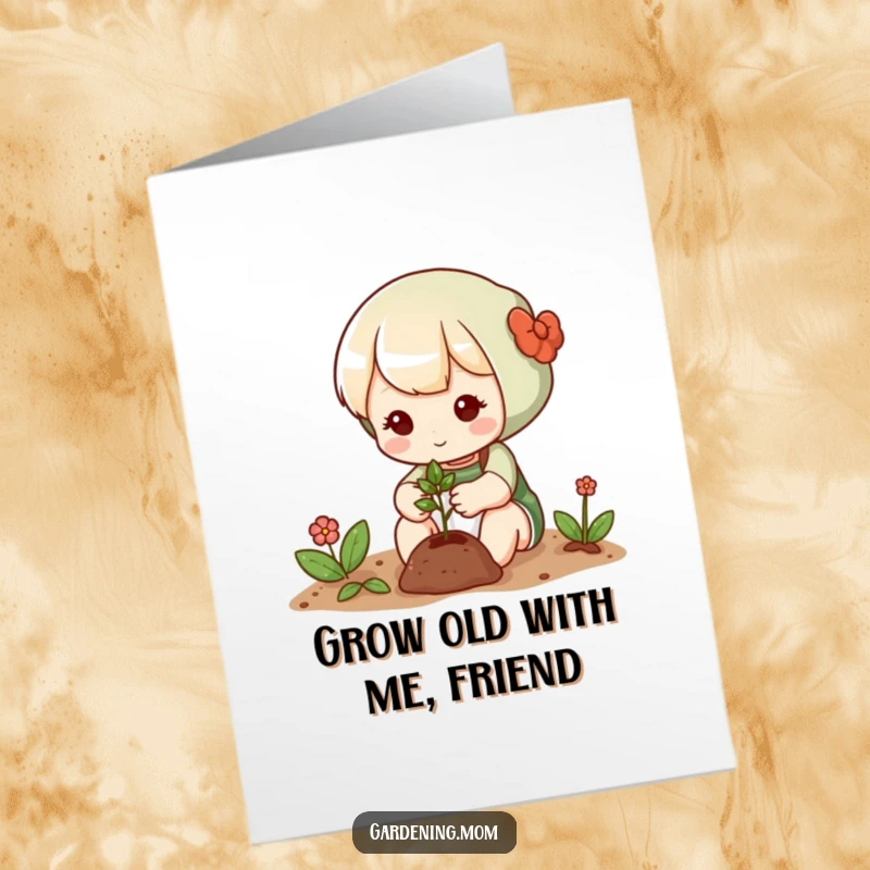 Funny Free Printable Birthday Card: Cute gardener gently plants a tiny seed, ready for growth and celebration.