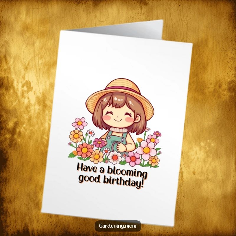Funny Free Printable Birthday Card: A smiling gardener in a straw hat is happily surrounded by vibrant blooming flowers.