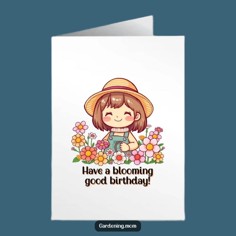 Free Printable Birthday Card: Smiling Gardener in Flowers, Happy Bloom Party!
