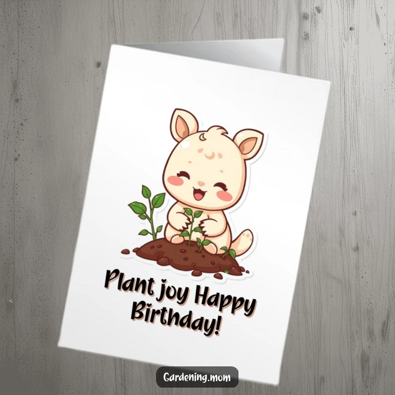 Funny Free Printable Birthday Card: Joyful animal character gently planting seeds with a warm, serene smile.