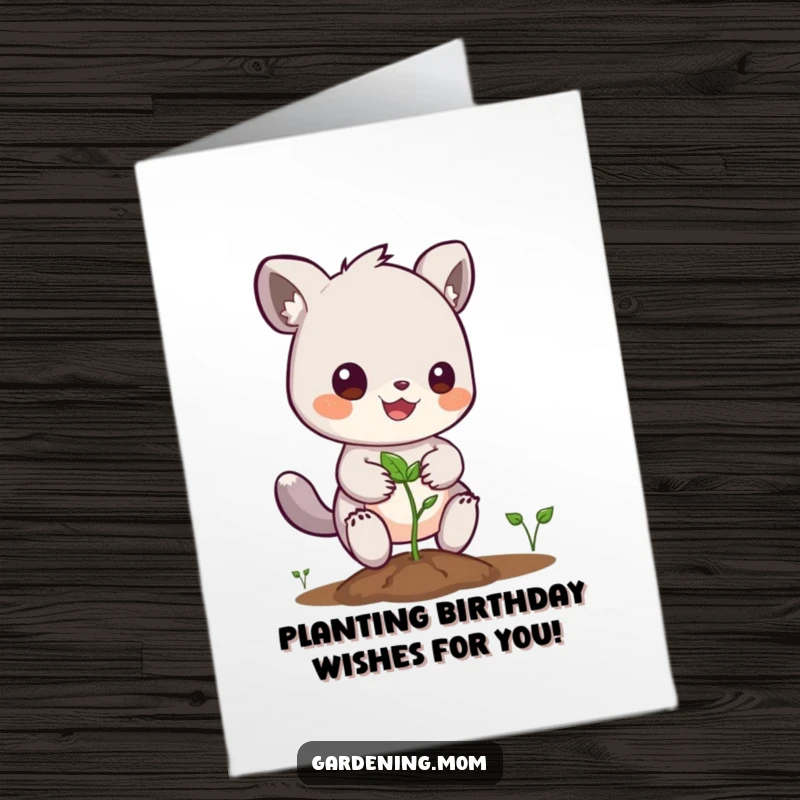 Funny free printable birthday card showing an excited animal character enthusiastically planting a small seed, symbolizing new beginnings.