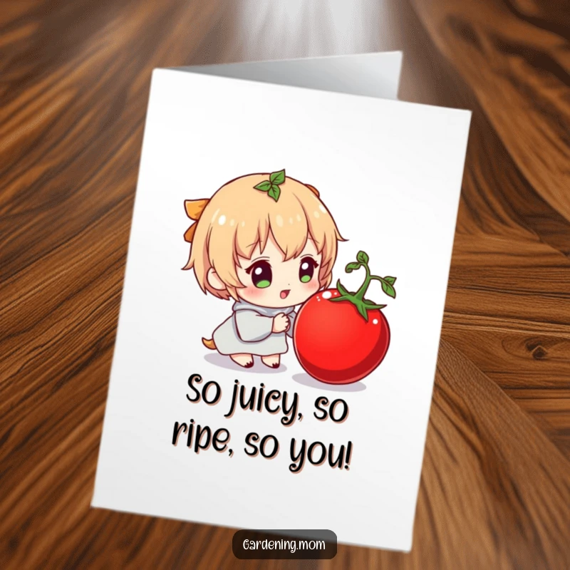 Funny Free Printable Birthday Card: A character joyfully admires a large, ripe tomato, perfect for a foodie friend.