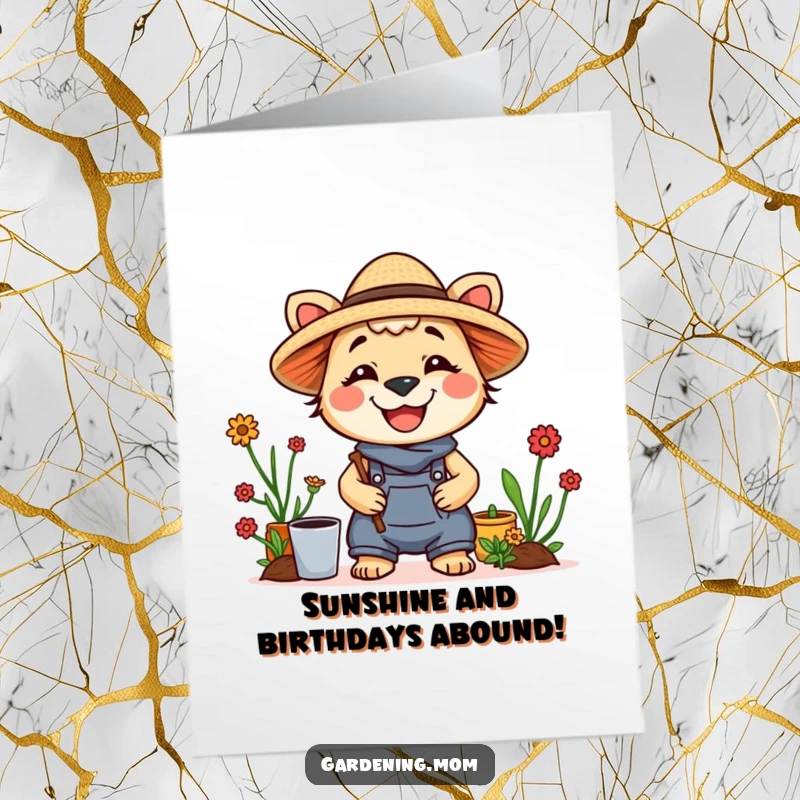 Funny free printable birthday card: A smiling mom animal character wearing a wide-brimmed straw hat, radiating happiness.