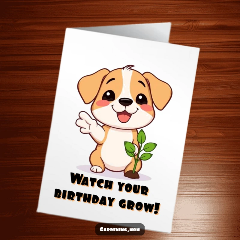Funny Free Printable Birthday Card: A proud dog smiles widely, gesturing towards a newly sprouted seedling.