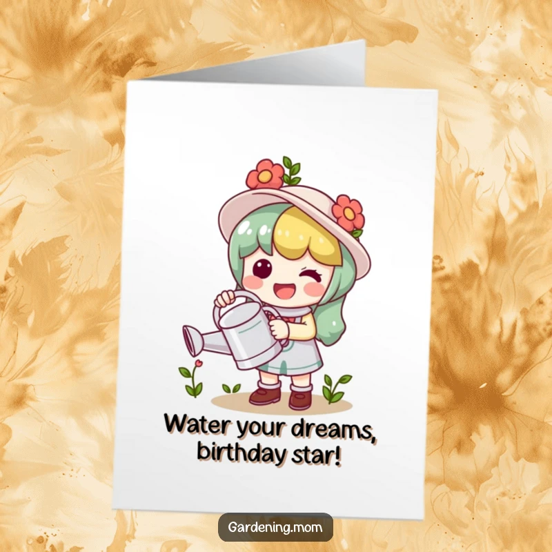 Funny Free Printable Birthday Card: Cheerful Kawaii gardener beams while holding a watering can, ready to spread birthday joy and good vibes.