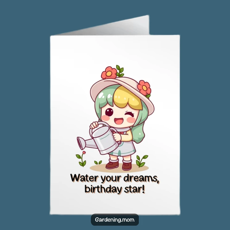 Free Printable Birthday Card: Funny Kawaii Gardener with Watering Can for a Splash of Fun!
