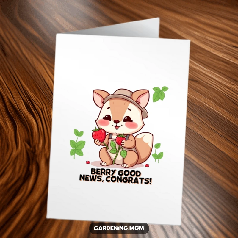 Funny Free Printable Congratulations Card: Gardening mom animal offering a fresh berry, celebrating success, perfect DIY gift.