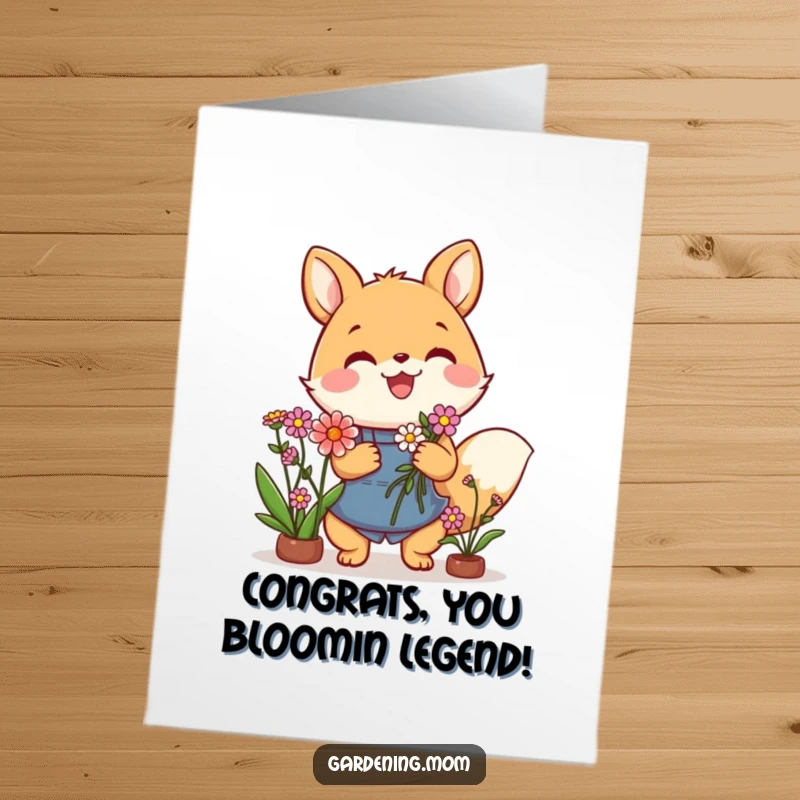 Funny free printable congratulations card showing a happy animal character presenting a large, beautiful bouquet of flowers, conveying warm wishes.