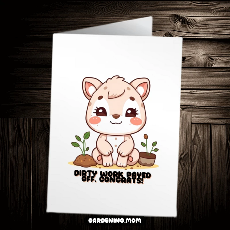 Funny Free Printable Congratulations Card: Beaming gardening mom animal with dirt smudges, celebrating success, perfect DIY gift.