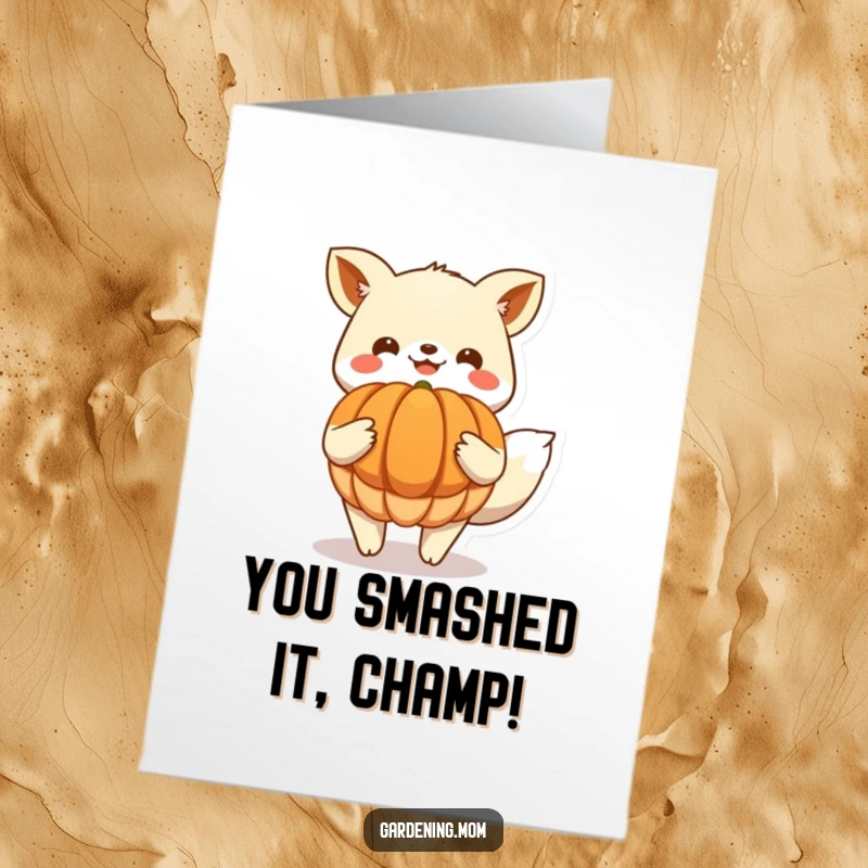 Funny Free Printable Congrats Card: Gleeful animal with a massive pumpkin, symbolizing a fruitful accomplishment.
