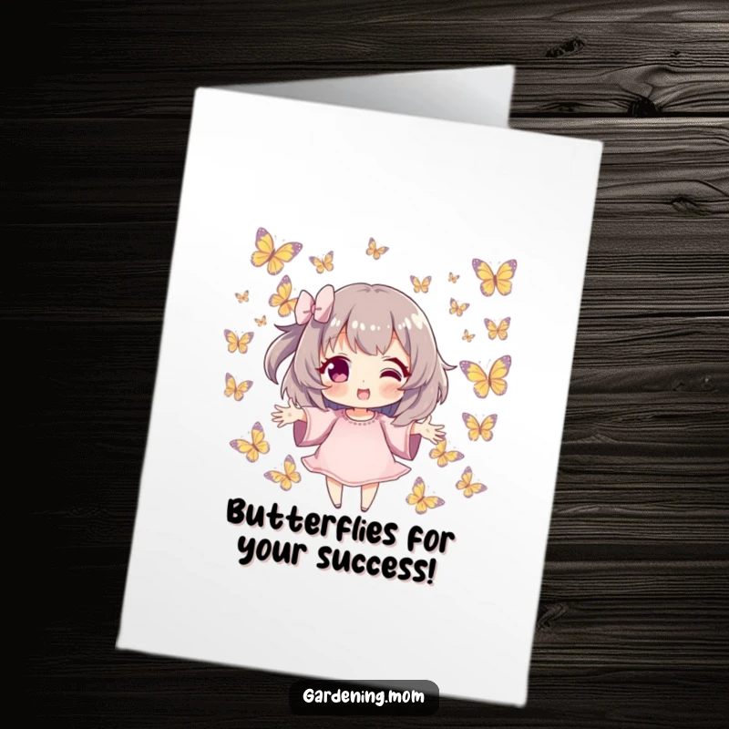 Funny Free Printable Congratulations Card: Character with open hands, embraced by fluttering butterflies, celebrating with delight, a downloadable art piece.