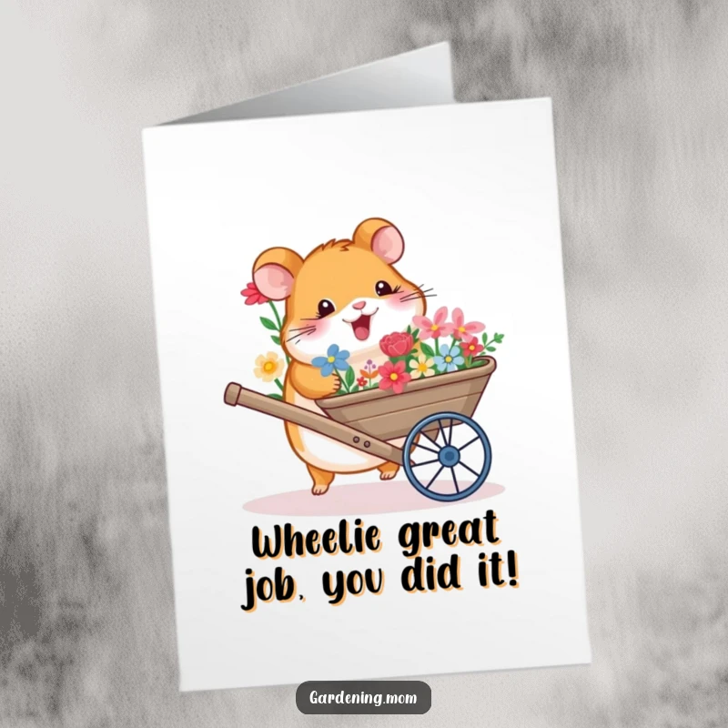Funny Free Printable Congratulations Card: A happy hamster proudly delivers a wheelbarrow packed with colorful flowers to congratulate someone special.