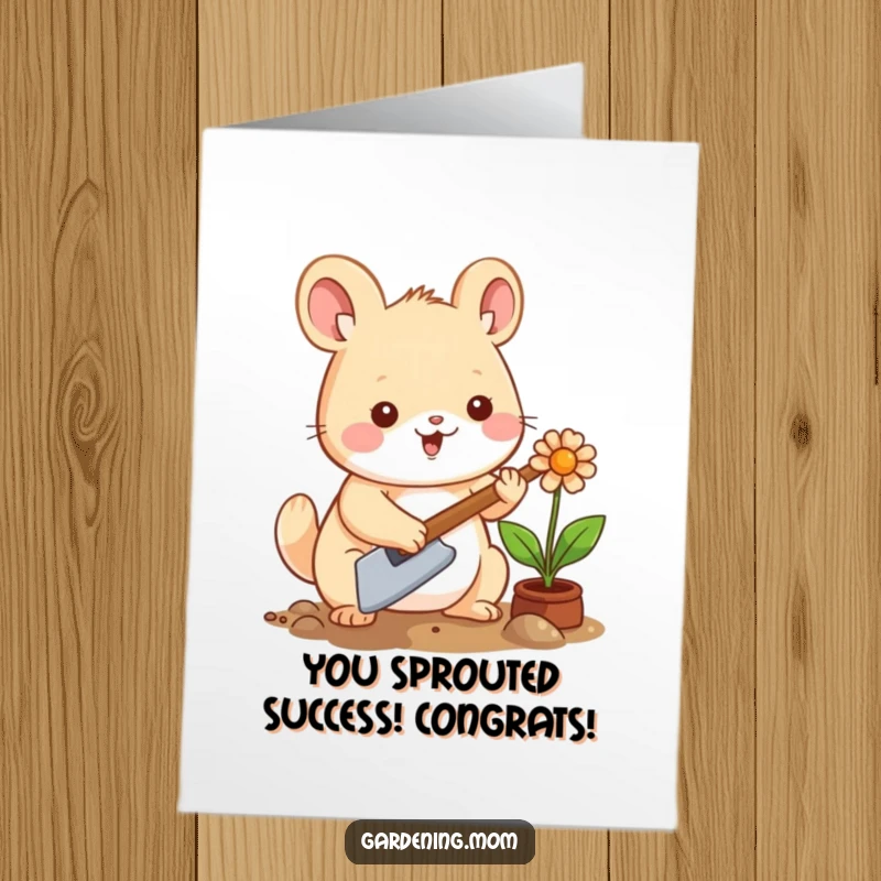 Funny Free Printable Congrats Card: Kawaii animal gardener triumphantly planting a flower, celebrating achievement.