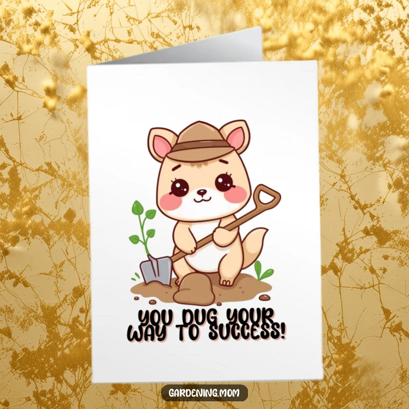 Funny free printable congratulations card featuring an excited animal character enthusiastically digging with a small shovel, celebrating achievements.