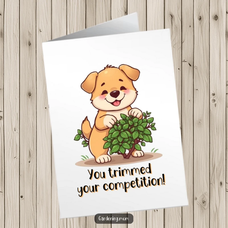 Funny Free Printable Congratulations Card: A dog happily prunes a bush, celebrating your amazing accomplishments.