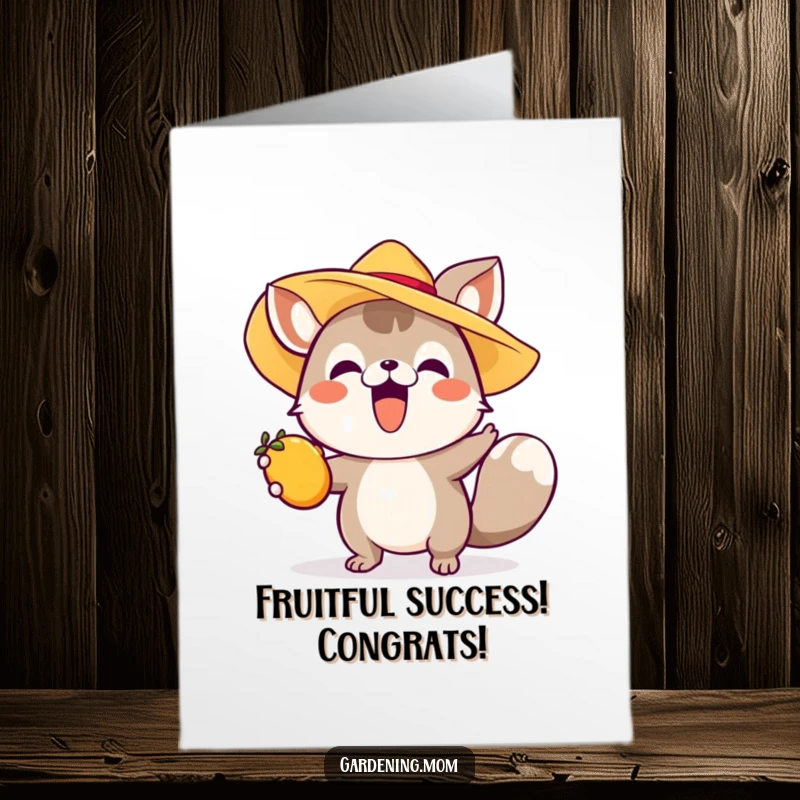 Funny Free Printable Congrats Card: Joyful animal in a sun hat reaching for ripe fruit, symbolizing abundance.