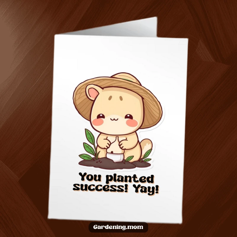 Funny Free Printable Congratulations Card featuring a smiling gardener animal planting a bulb, celebrating new ventures.