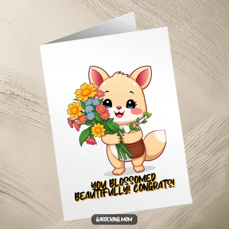 Funny Free Printable Congratulations Card featuring a happy gardening animal proudly holding vibrant flowers, celebrating accomplishments.