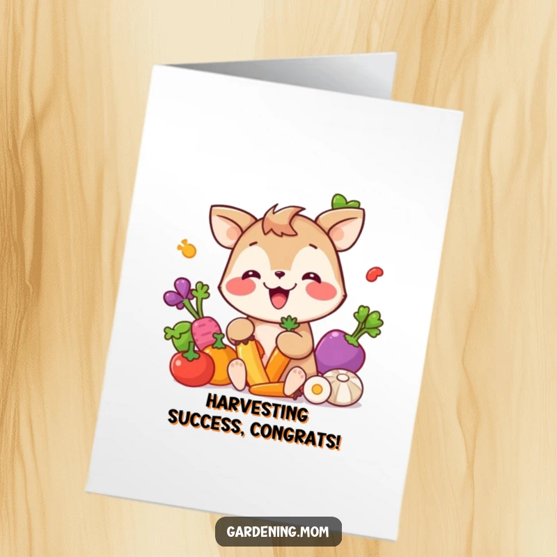 Funny Free Printable Congratulations Card: Giggling Animal Character Gleefully Picking Vibrant, Colorful Vegetables