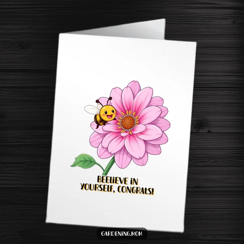 Funny Free Printable Congratulations Card: A smiling bee happily buzzes around a massive, blooming flower, celebrating a wonderful achievement.