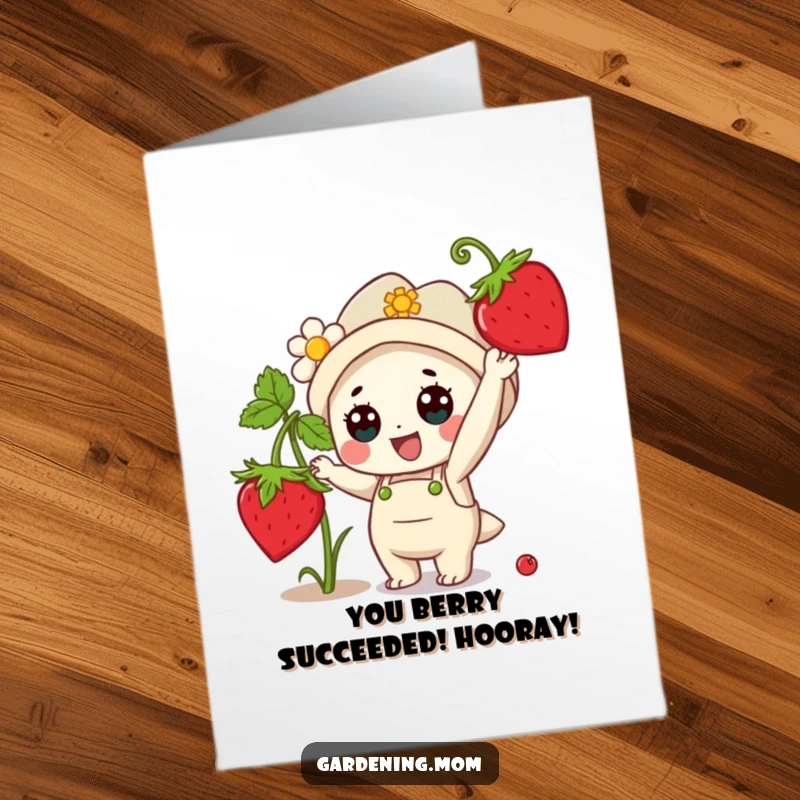 Funny Free Printable Congrats Card: Elated Kawaii gardener joyfully reaches for a juicy strawberry, symbolizing the sweet rewards of success.