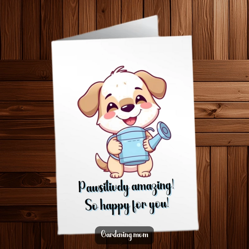 Funny Free Printable Congratulations Card: Mama dog grinning, joyfully watering a plant, celebrating your big win.
