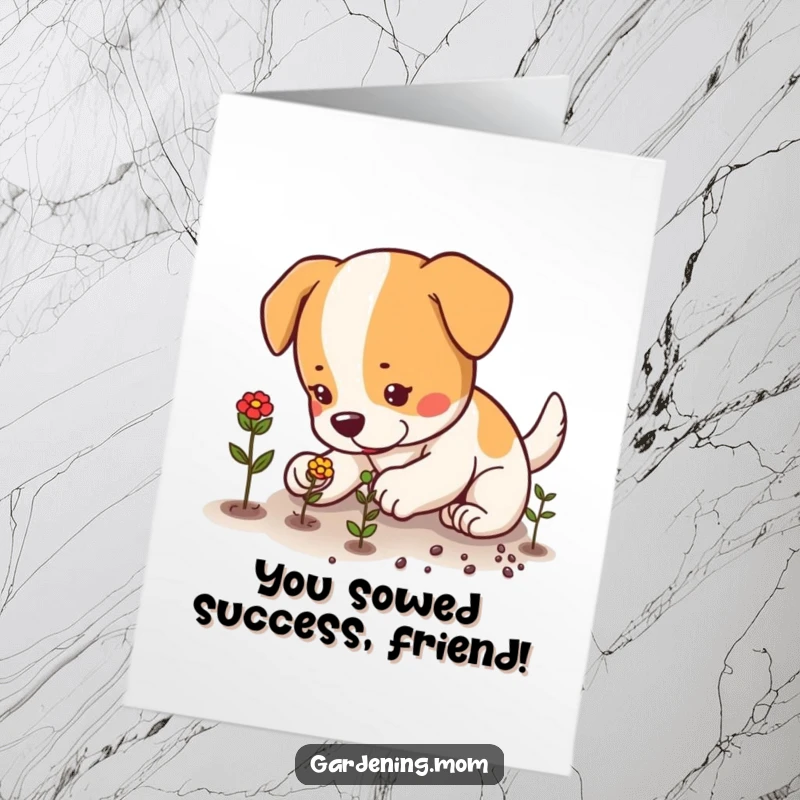 Funny free printable congratulations card of a dog planting seeds with focused paws, representing effort and future success.