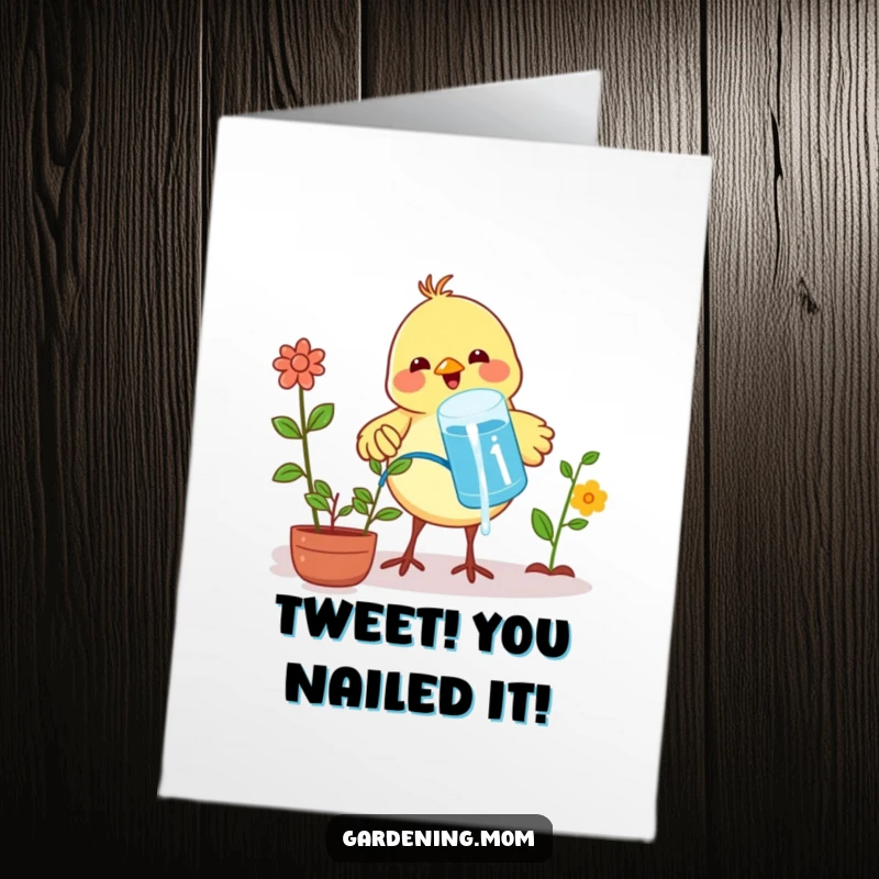 Funny Free Printable Congratulations Card: A cheerful bird looks proud while watering plants with beak-fulls of water, marking an achievement.