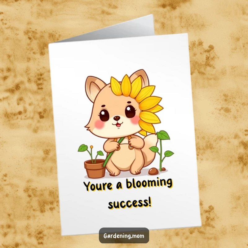Funny Free Printable Congratulations Card: A proud animal gardener beams while holding up a massive, vibrant sunflower, celebrating a blooming success.